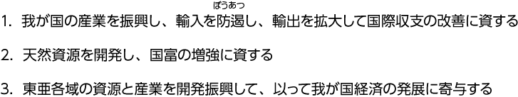 1.我が国の産業を振興し、輸入を防遏し、輸出を拡大して国際収支の改善に資する　2.天然資源を開発し、国富の増強に資する　3.東亜各域の資源と産業を開発振興して、以って我が国経済の発展に寄与する